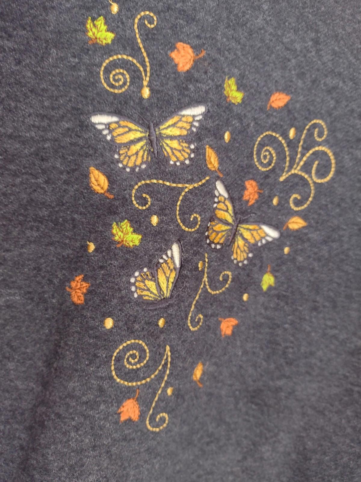 Vintage Speculation Sweatshirt PXL Embroidered Butterflies Leaves Scrolls Gray