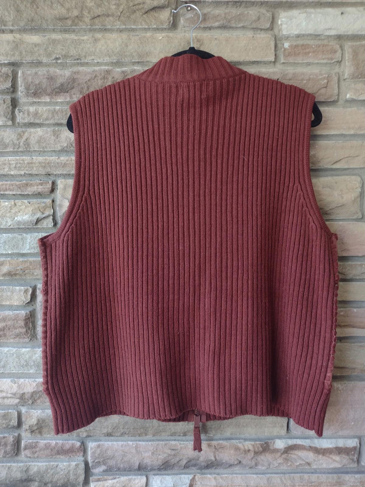 VTG Rust Knit Suede Vest XL 2-Way Zip Crochet Trim Y2K Boho Western RN63757
