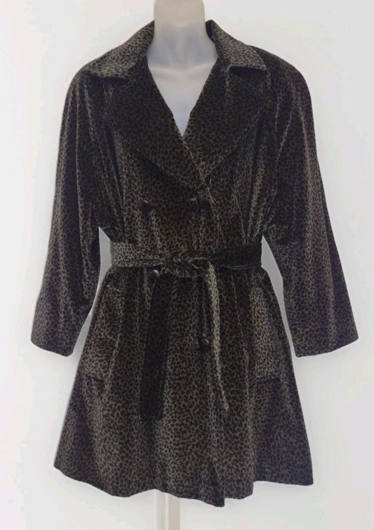 Vintage Leopard Velvet Coat Chivalry Outerwear Belted USA 60s 70s Small