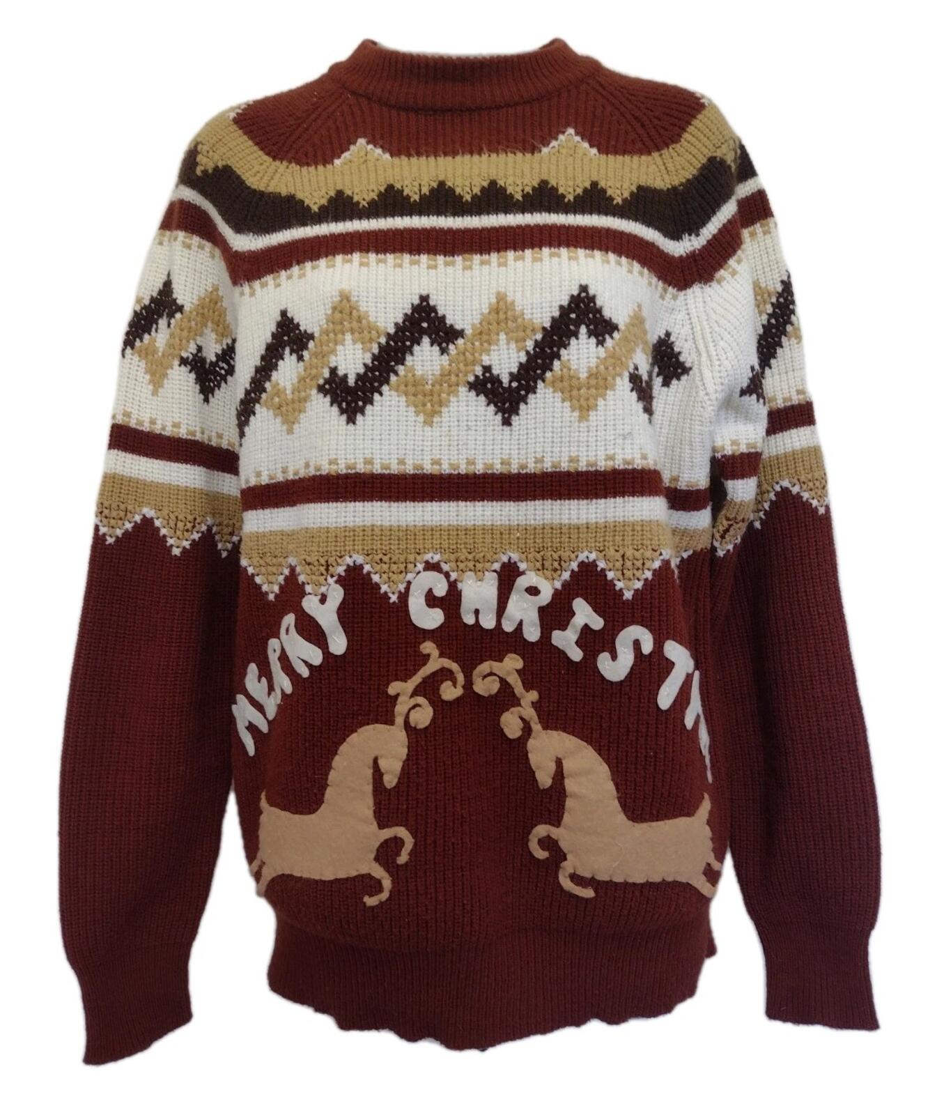 VTG 70s Studio One Campus Christmas Sweater L Brown Tan Reindeer Felt Applique