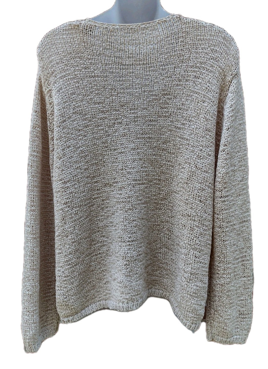 Open Knit Cardigan Sweater 1X Vintage 80s Oatmeal Tape Yarn Shell Buttons Boho