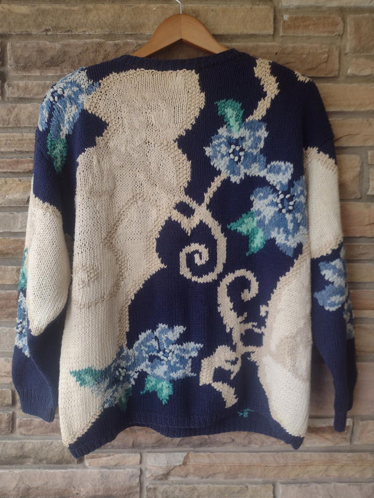90s Jennifer Reed Hand Knit Floral Sweater Ramie Cotton Navy Oatmeal Oversized S