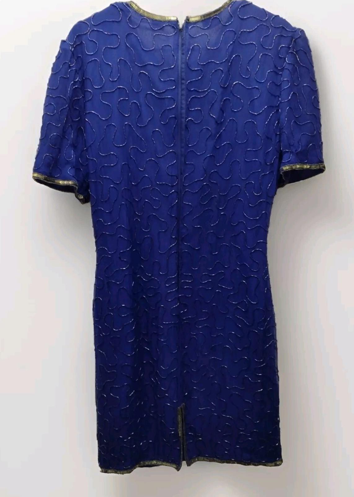 Denise Elle Vintage 80s Blue Beaded Sequin Silk Dress Sz L