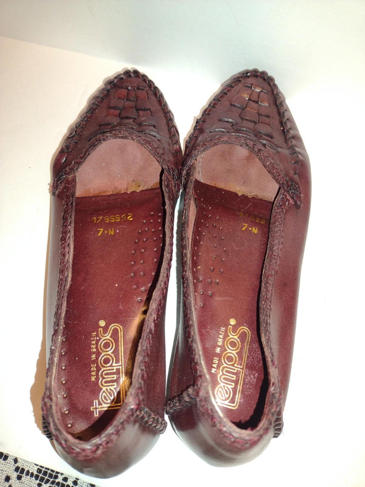 VTG 80s Tempos Woven Leather Loafers 7N Brazil Burgundy Brown Slip On