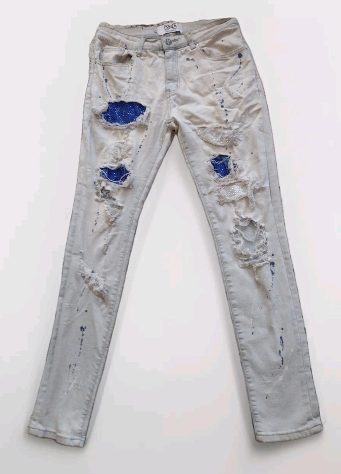 DNA Premium Skinny Jeans Distressed  Paint Spatter, Blue & Clear Rhinestones 30