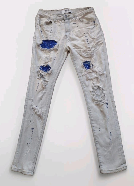 DNA Premium Skinny Jeans Distressed  Paint Spatter, Blue & Clear Rhinestones 30