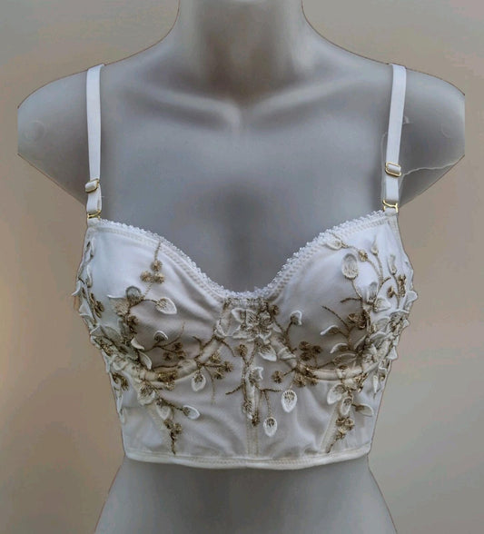 White Gold Embroidered Corset Top Boned Fairy Coquette Bridal Romantic Soft Girl