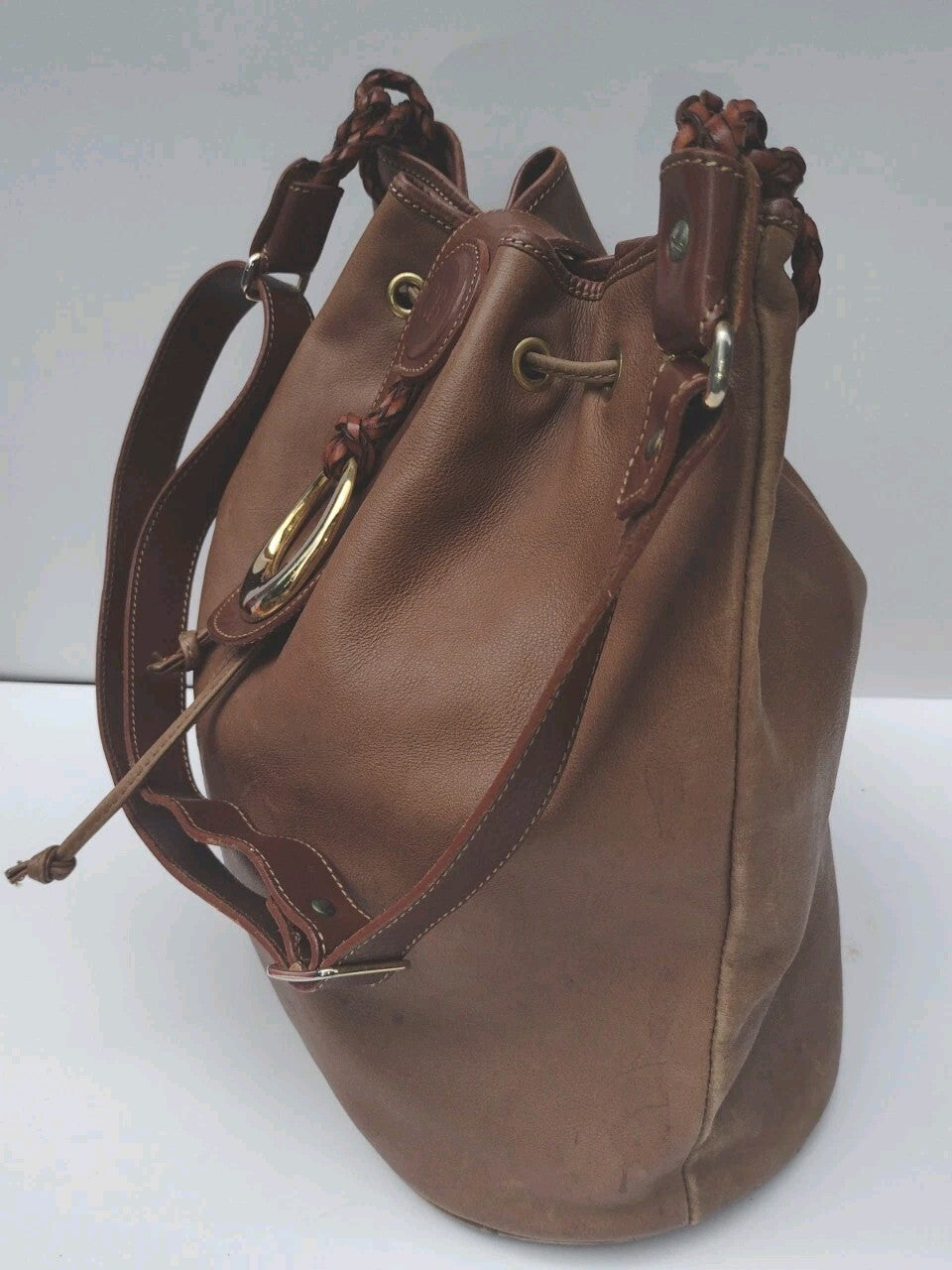 Vintage Leather Bucket Bag Brown Drawstring Boho Equestrian Slouchy Large Tote