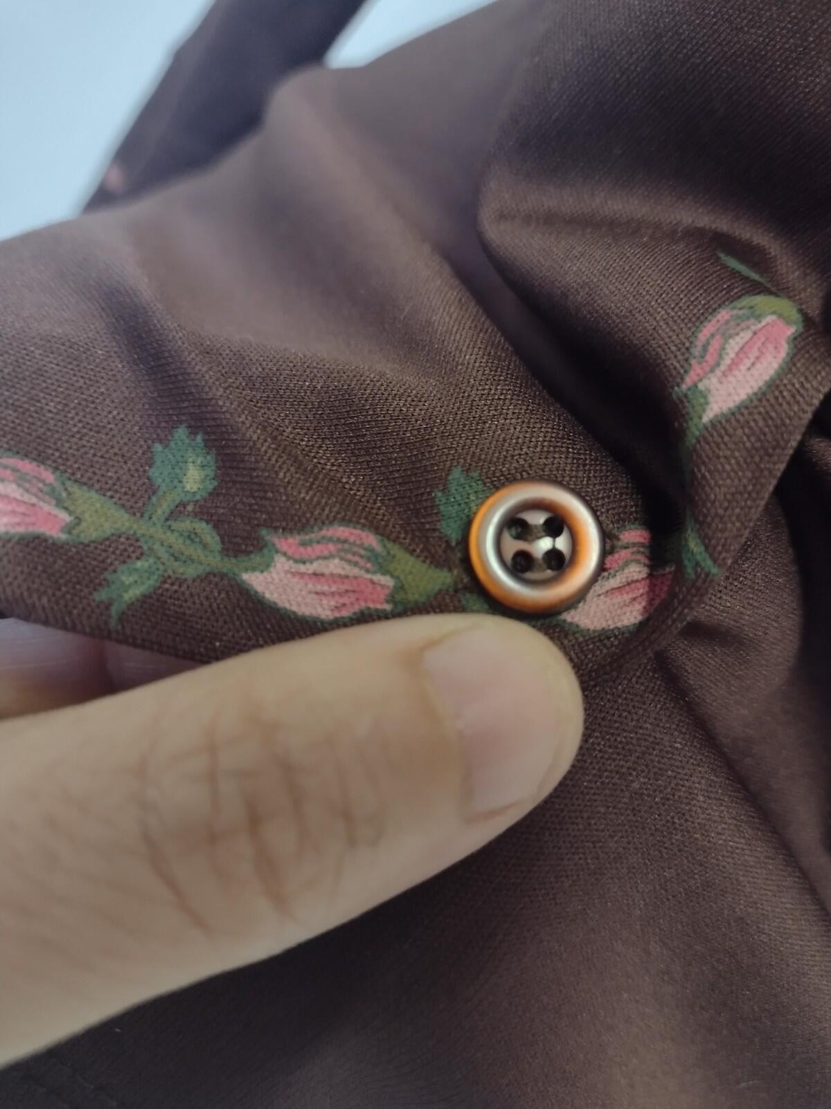 70s Brown Floral Print Button Up Blouse Long Sleeve Boho XS