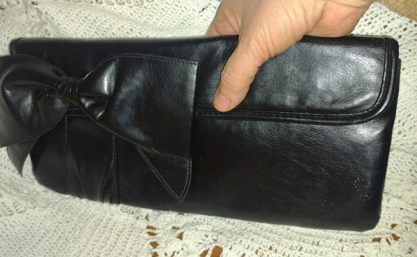 Vintage Black Faux Leather Bow Clutch & Matching Belt Set 80s 90s Evening