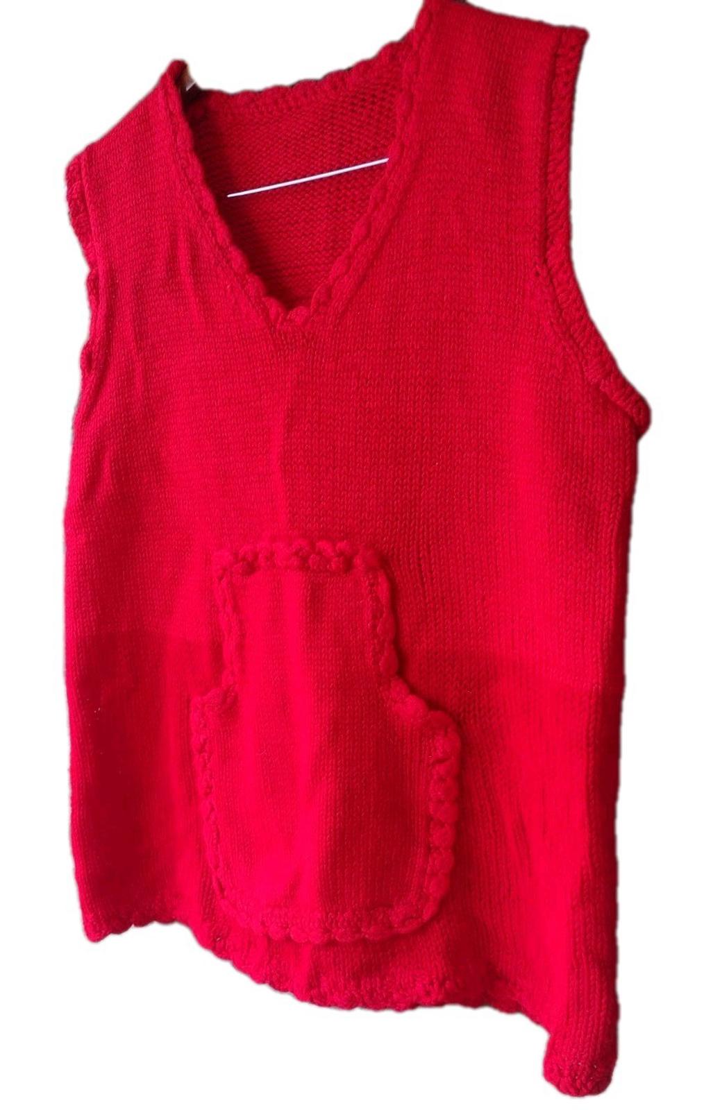 🔥Handmade VTG 90s Bright Red Knit Vest Tunic Kangaroo Pocket Scalloped Trim S/M