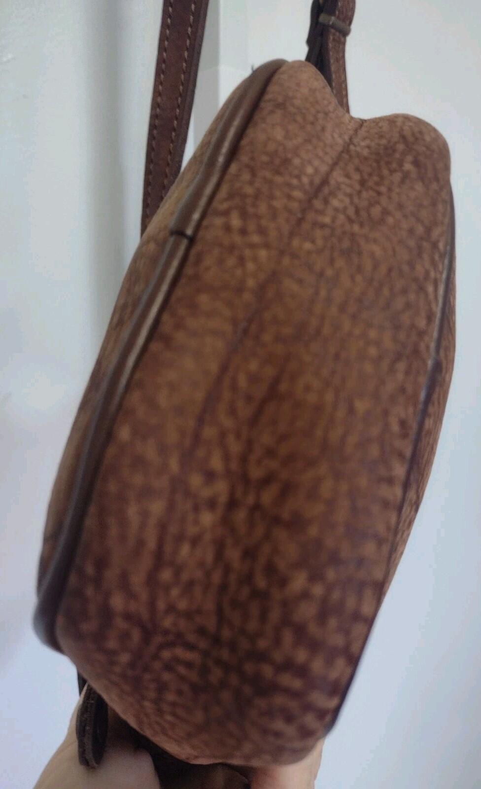 Vintage 80s Bacare Nubuck Leather Crossbody Bag Argentina Brown Brass 7x9x2