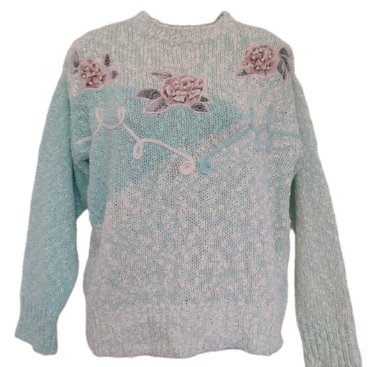 Vintage 80’s Needles and Yarn Rose Popcorn Lint Sweater M/L