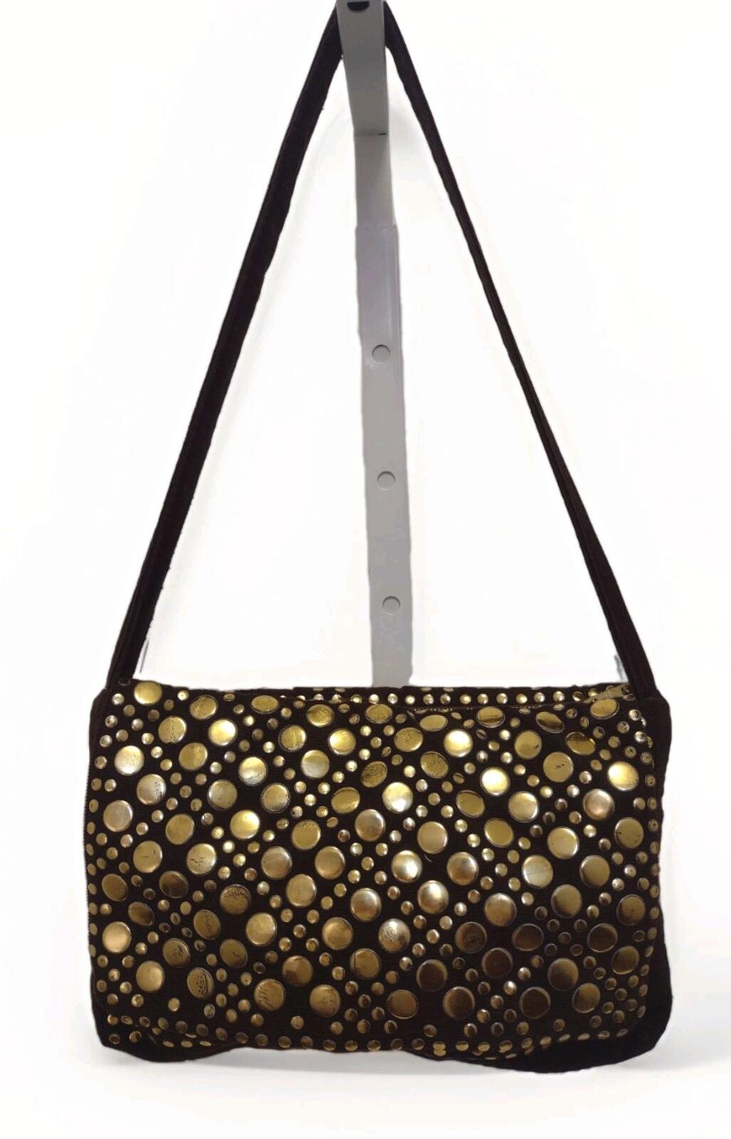 VTG 70s Boho Glam Corduroy Gold Medallion Shoulder Bag Hong Kong Purse Studio 54