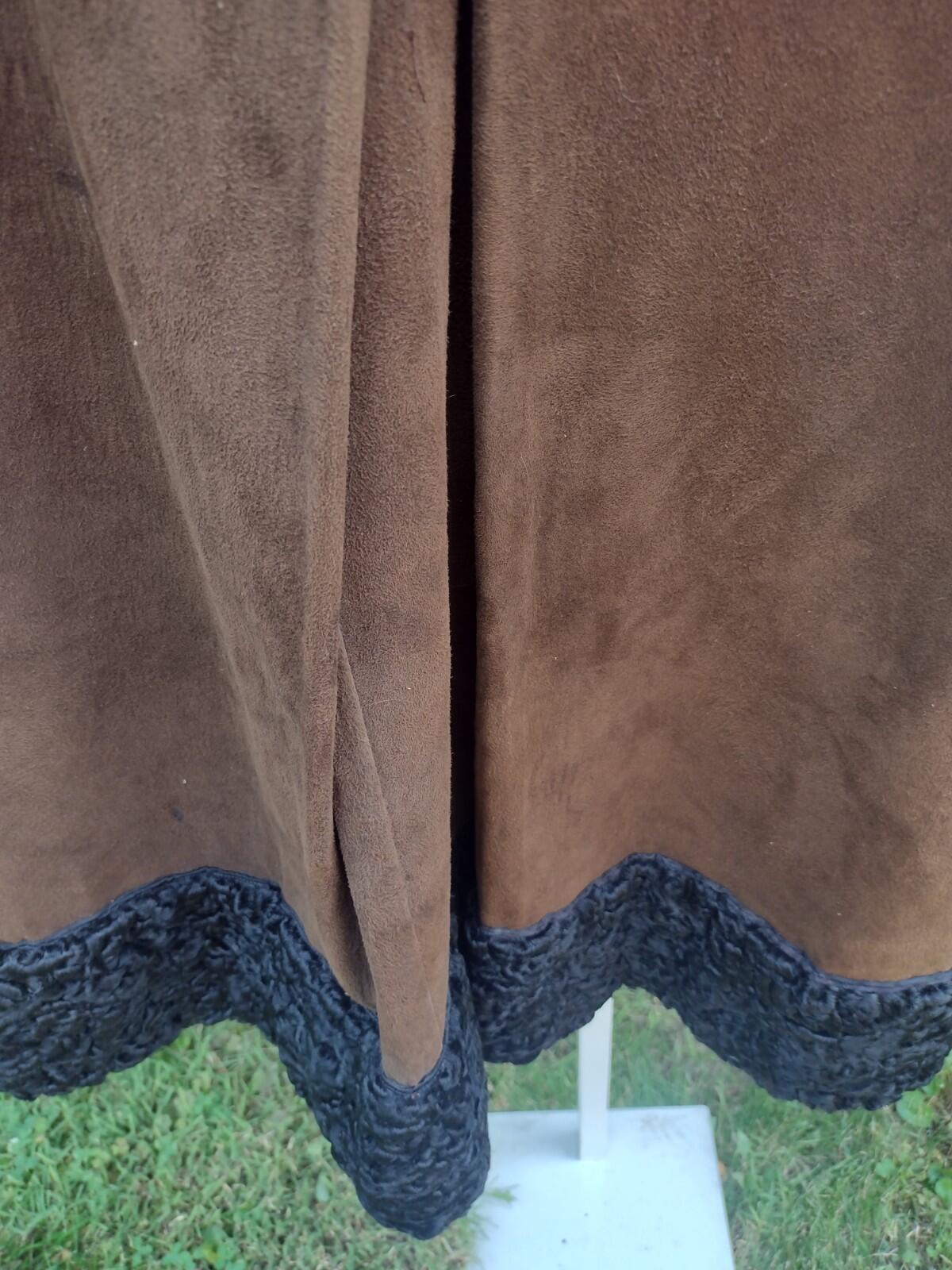 VTG 60s Anne Klein Mallory Penny Lane Suede Coat Curly Lamb Trim Boho Sz 10