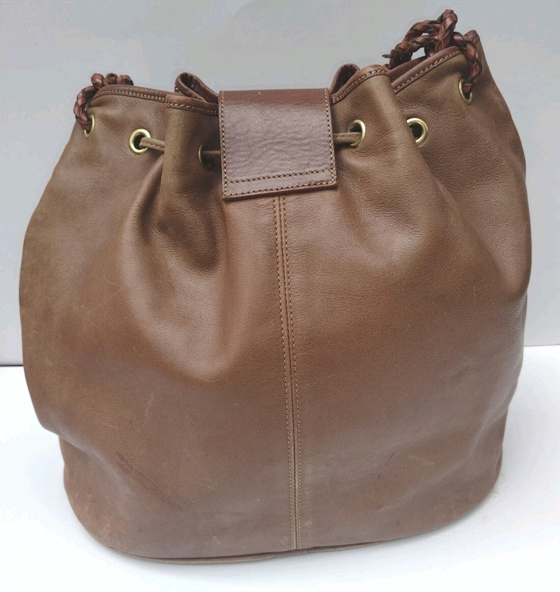 Vintage Leather Bucket Bag Brown Drawstring Boho Equestrian Slouchy Large Tote