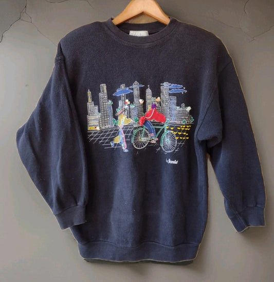 Rare 80s Fiorelle Paris 3D Artwear Sweatshirt Bicycle Cityscape M/L Handmade