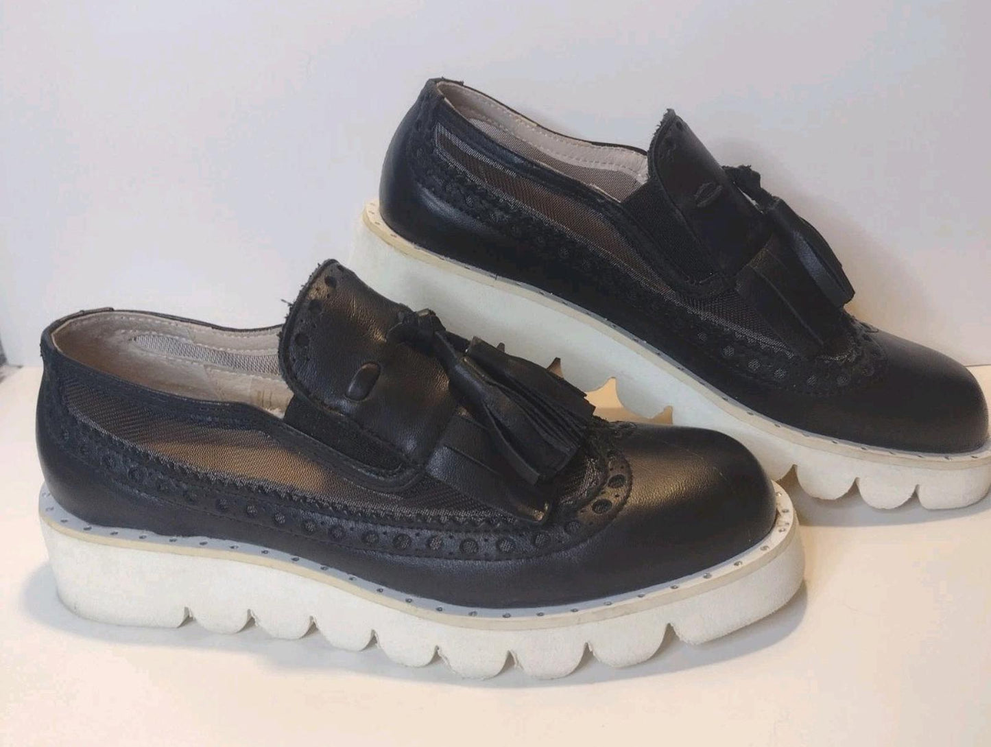Giordana F Italy Black Leather Tassel Loafers Mesh 1.5in Platform Size 6.5‑7