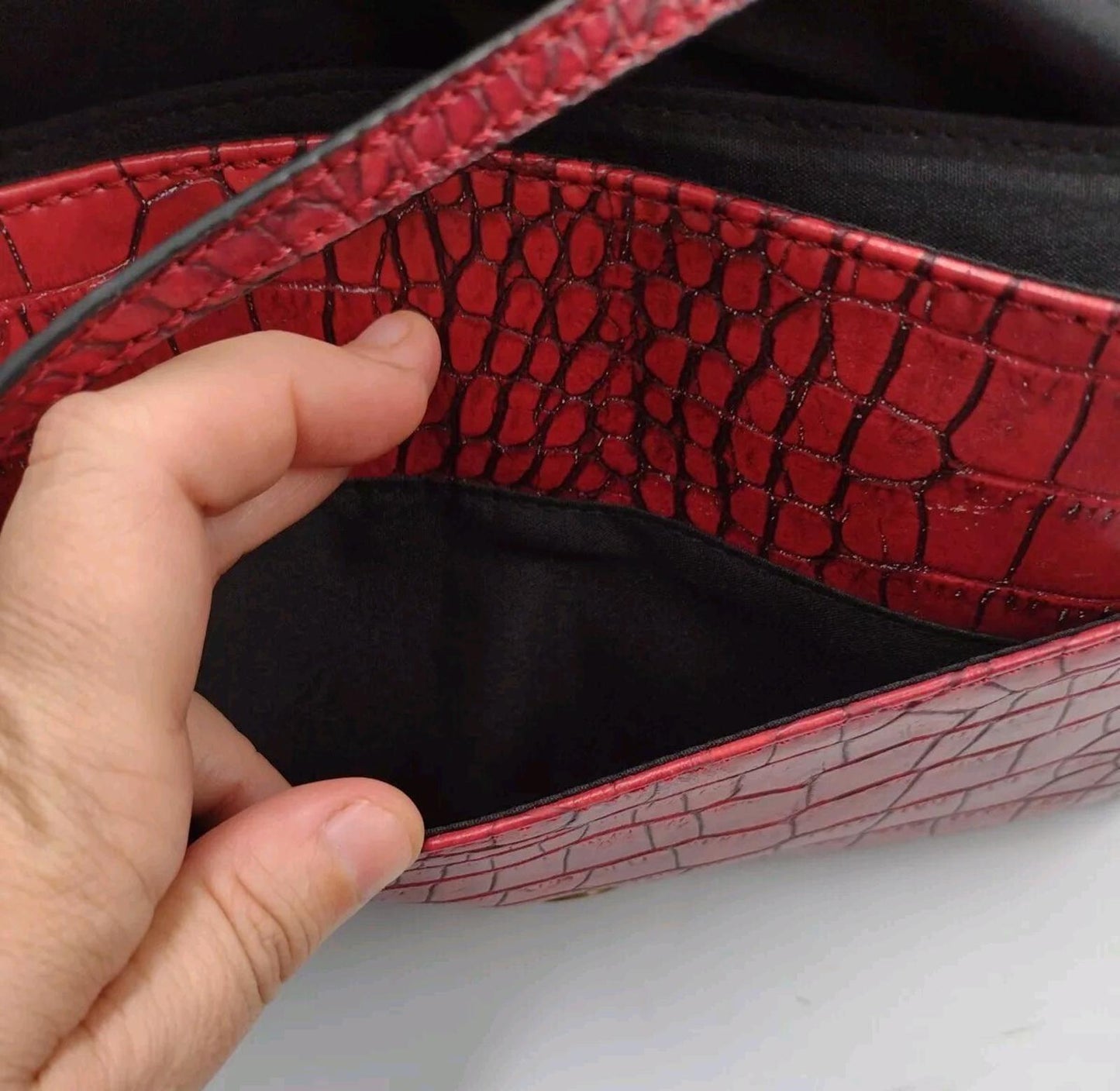 New Red Vegan Leather Croc Embossed Shoulder Bags / Clutch W Brass Stud Accents