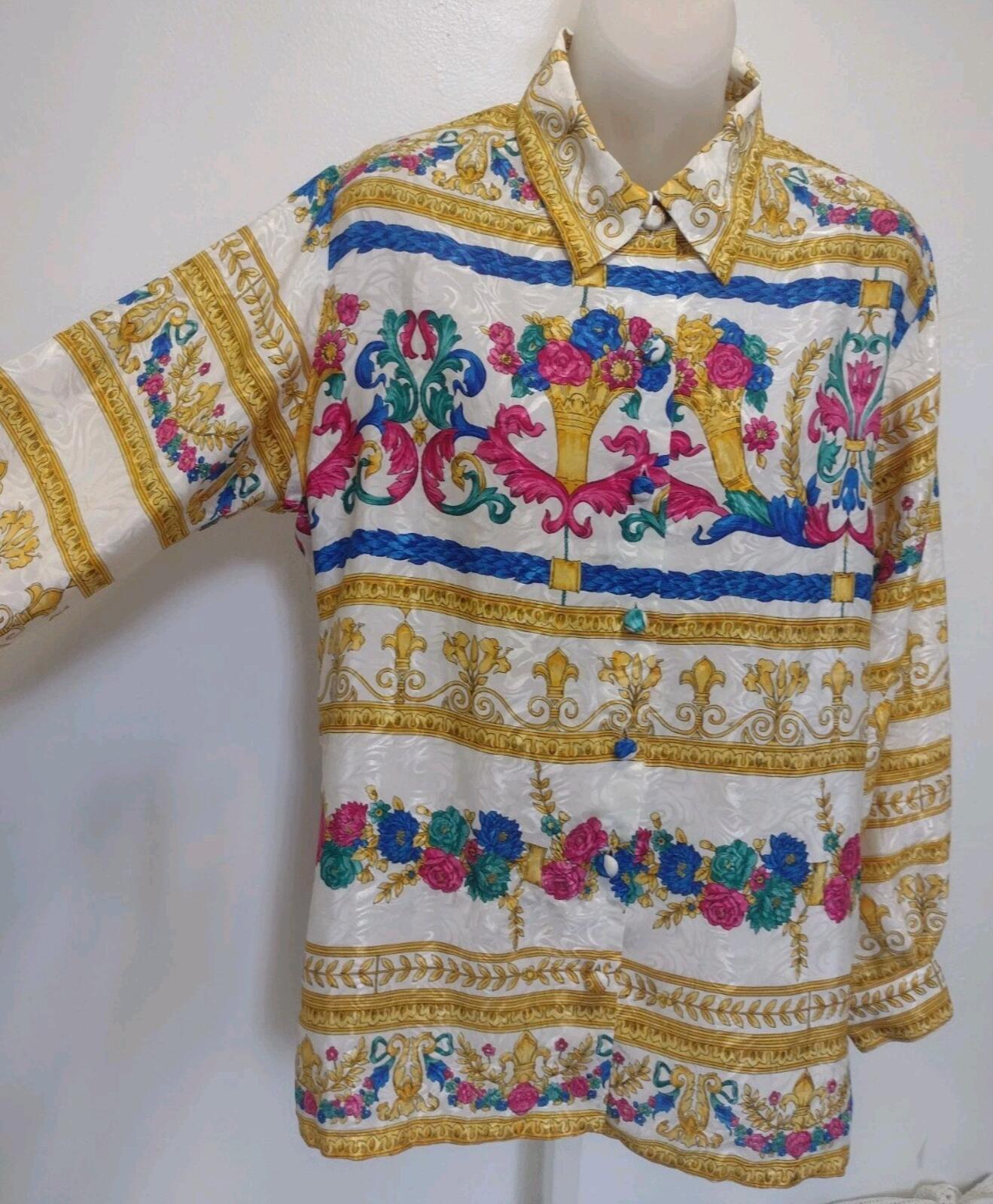 Pierre Cardin Baroque Satin Shirt L Gold Floral Scroll Vintage Luxe 80s