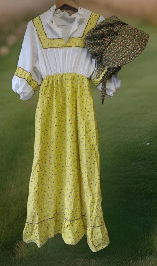 Vintage 70s Handmade Prairie Dress & Bonnet Set Yellow Floral L Cottagecore