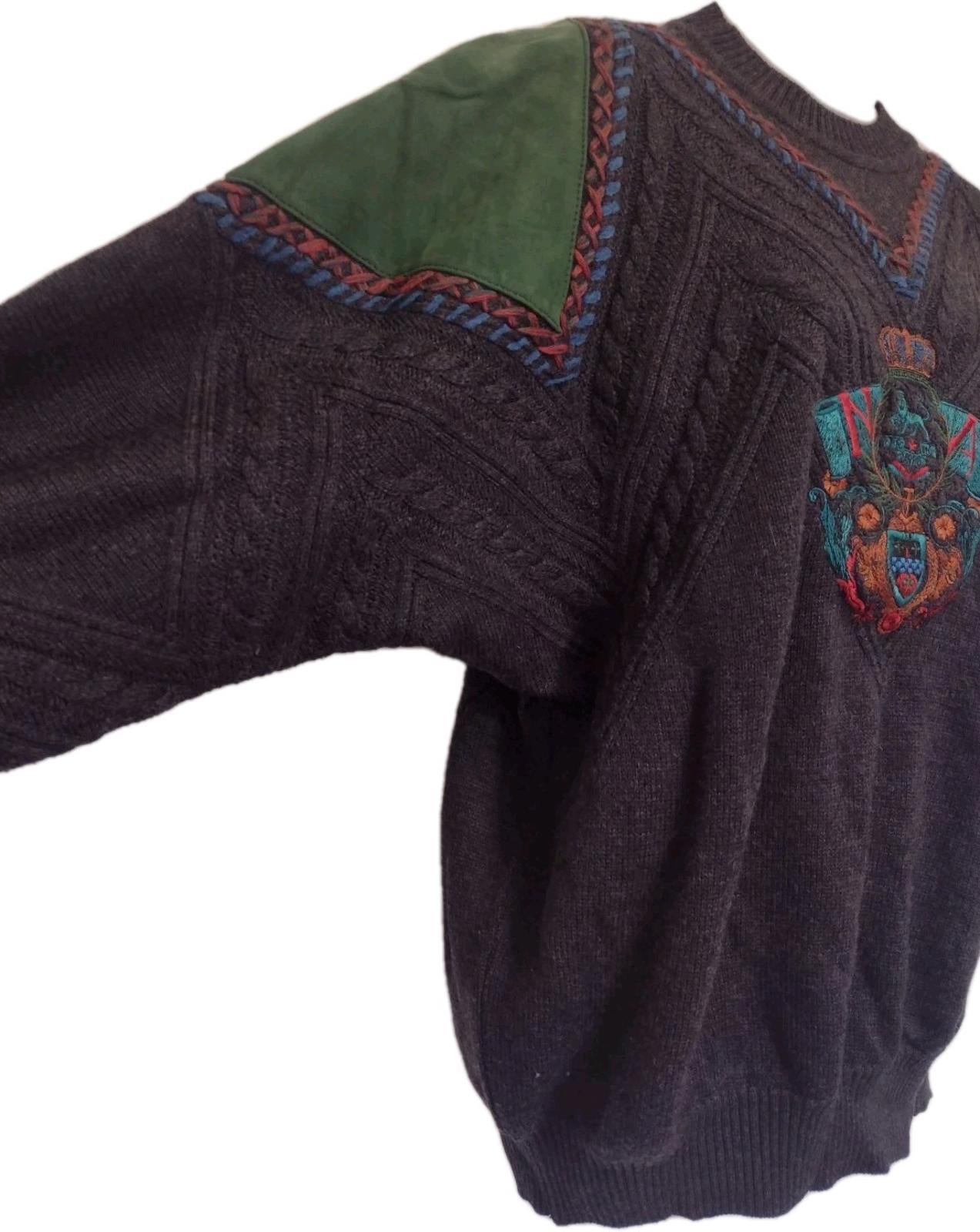 Rare Vintage 90s Bruno Magli Italy Wool Sweater L Suede Trim Crest Knit