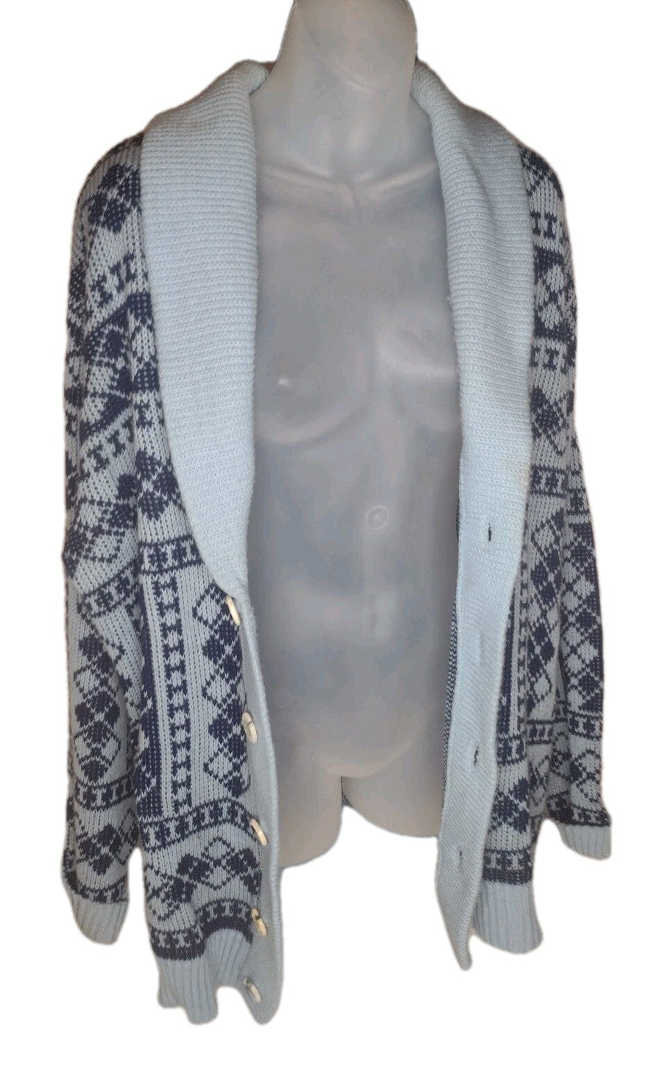Vintage Men's Shawl Collar Cardigan Fair Isle Nordic Orlon USA Blue Large L