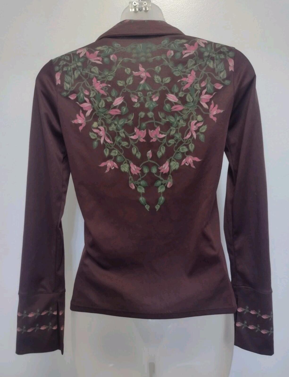 70s Brown Floral Print Button Up Blouse Long Sleeve Boho XS