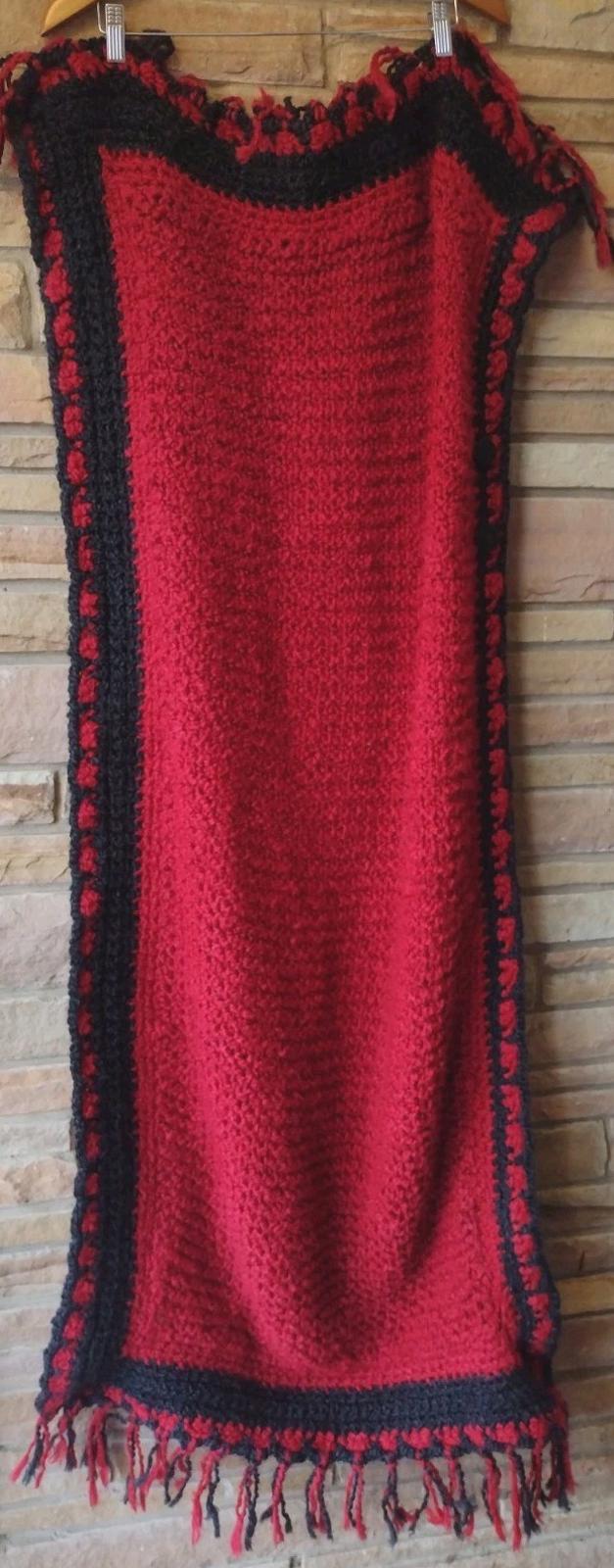 Vintage Handmade Red Black Crochet Wrap & Hat Set Fuzzy Acrylic Fringe