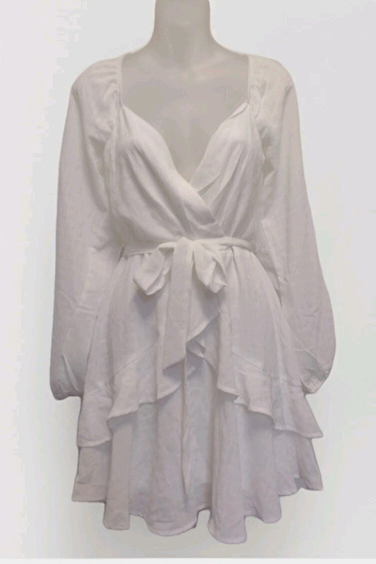 White Faux Wrap Dress Boho Cottagecore Puff Sleeve Tiered Mini M Festival Ruffle