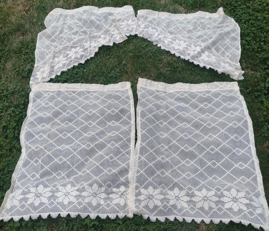 7 Pc Set VTG 70s Lace Tier/Café Curtains Poly Open Weave Floral Scalloped Fringe