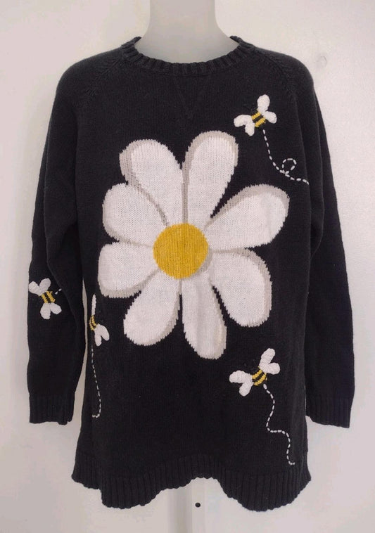 Rare Vintage Y2K Quacker Factory Daisy B Embroidered Black Sweater Sz M