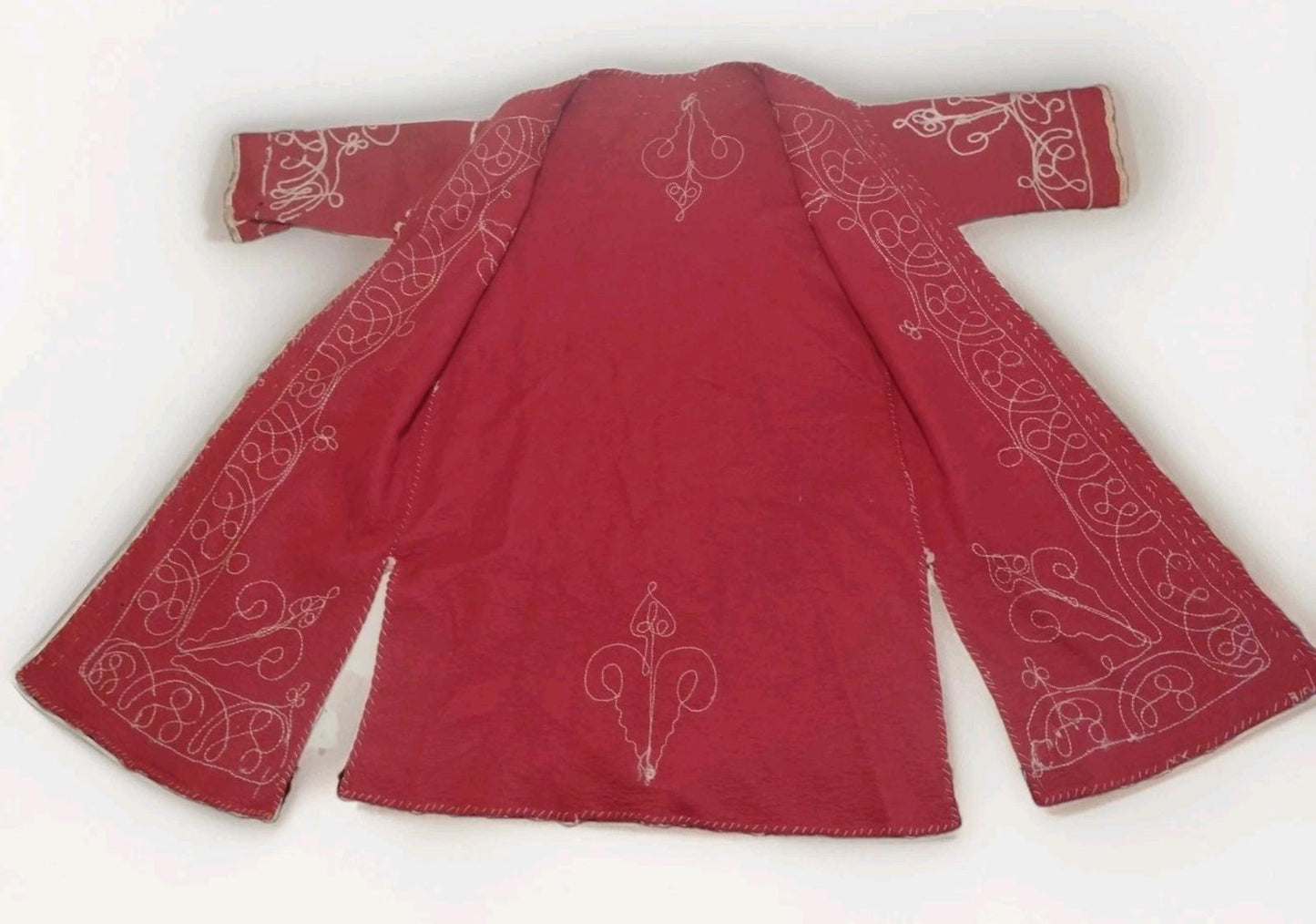 Antique Central Asian Child Chapan – Hand-Embroidered Felted Red Wool Robe