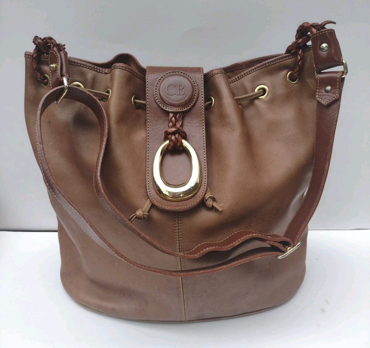 Vintage Leather Bucket Bag Brown Drawstring Boho Equestrian Slouchy Large Tote