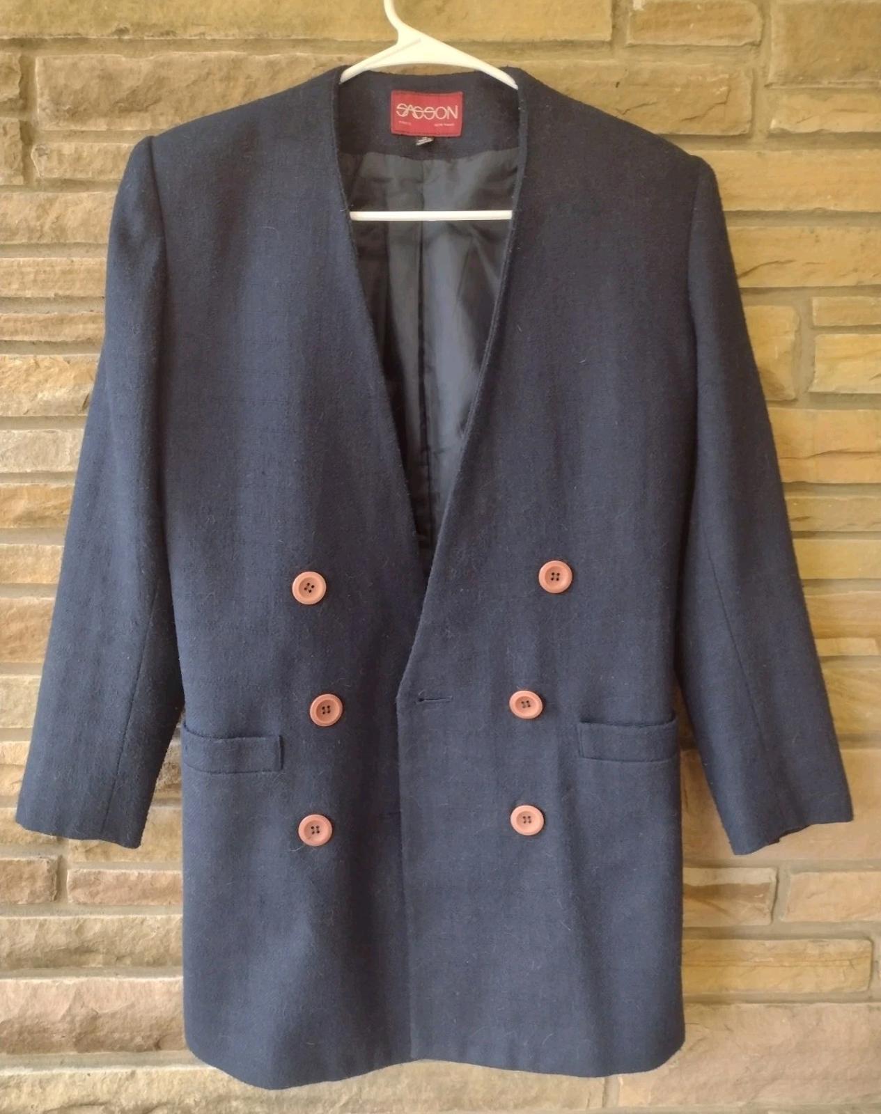 Vintage 80s Sasson Navy Wool Blend Double-Breasted Blazer Sz 4 Jacket