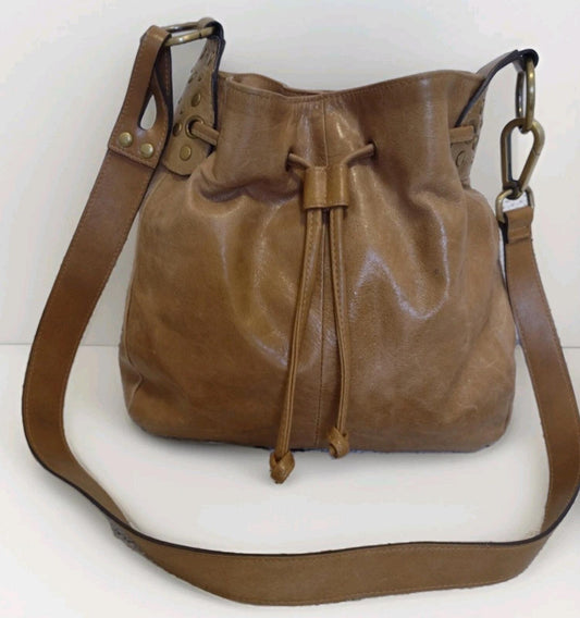 Vintage Tan Leather Drawstring Shoulder Bag Waxed Distressed Finish Stud Accents