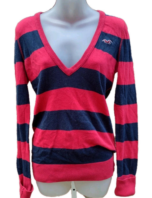 Hollister Striped V Neck Sweater Y2K Preppy Mall Goth Grunge Navy Red L