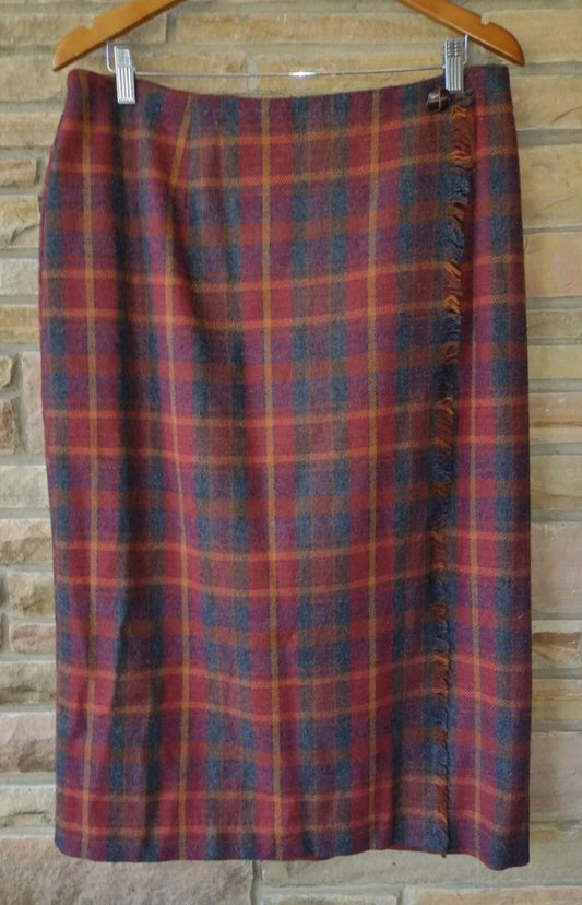 Lady Hazan Vintage 18W Wool Blend Plaid Wrap Look Skirt Fringe USA Made