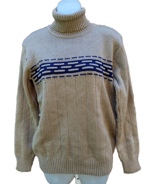 Vintage Tan Navy Turtleneck Sweater Acrylic Blend Ribbed Knit Women M/LSki