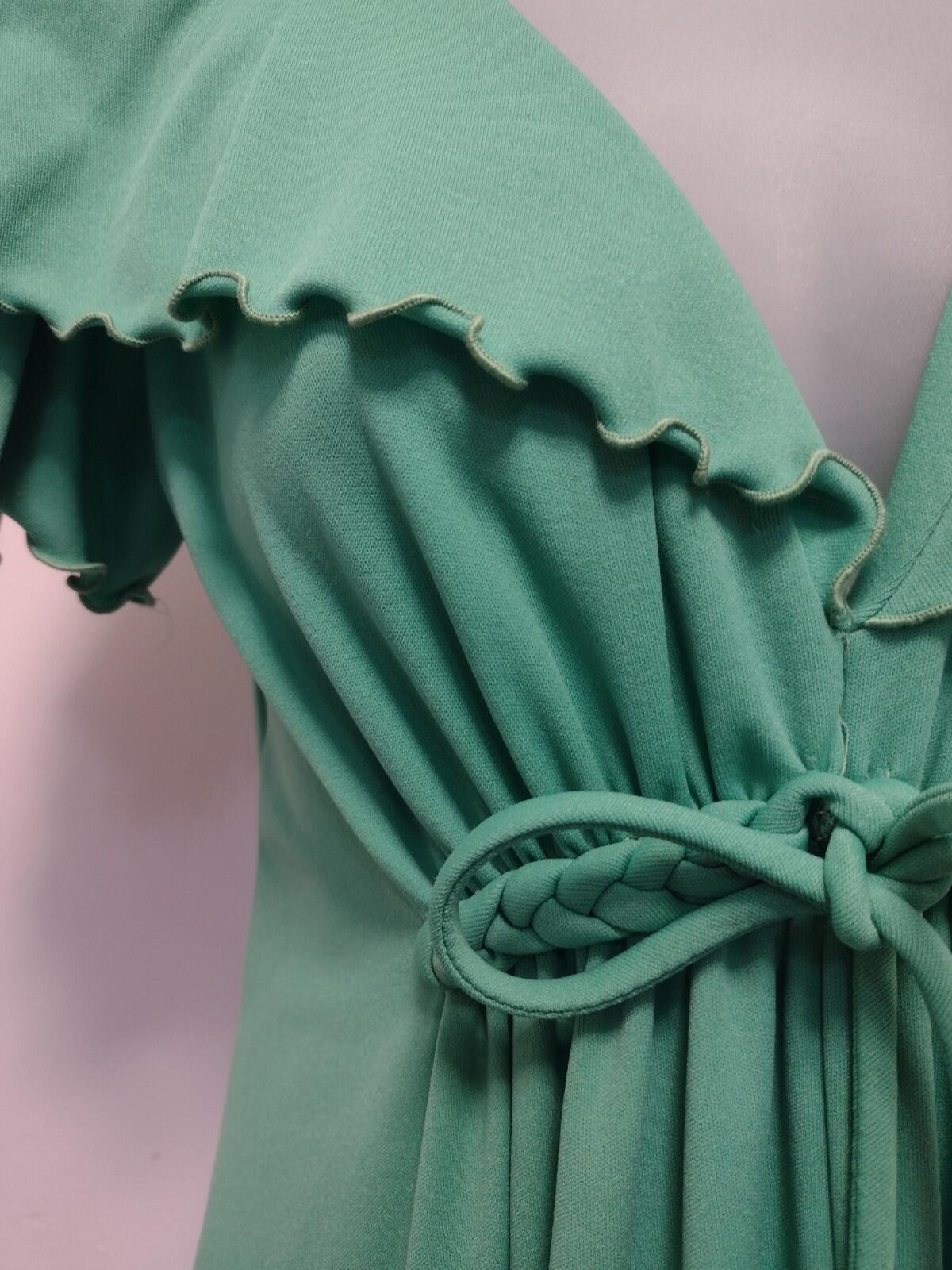 70s Green Polyester Empire Waist Maxi Dress Flutter Sleeve M