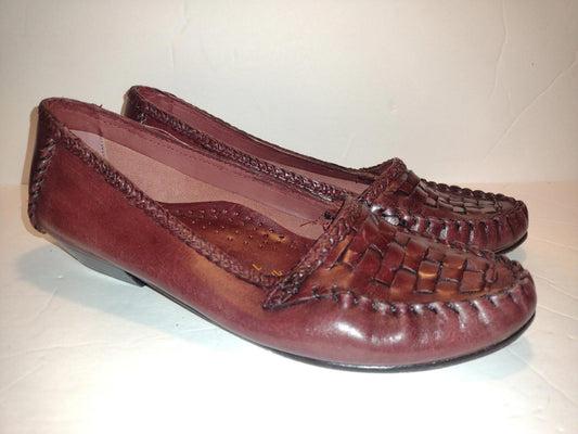 VTG 80s Tempos Woven Leather Loafers 7N Brazil Burgundy Brown Slip On
