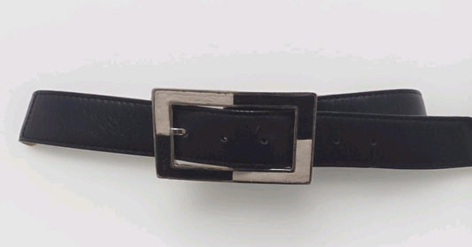 Vintage 70s LAND Leather Belt Black Soft Leather Silver Buckle Logo 32–36 In