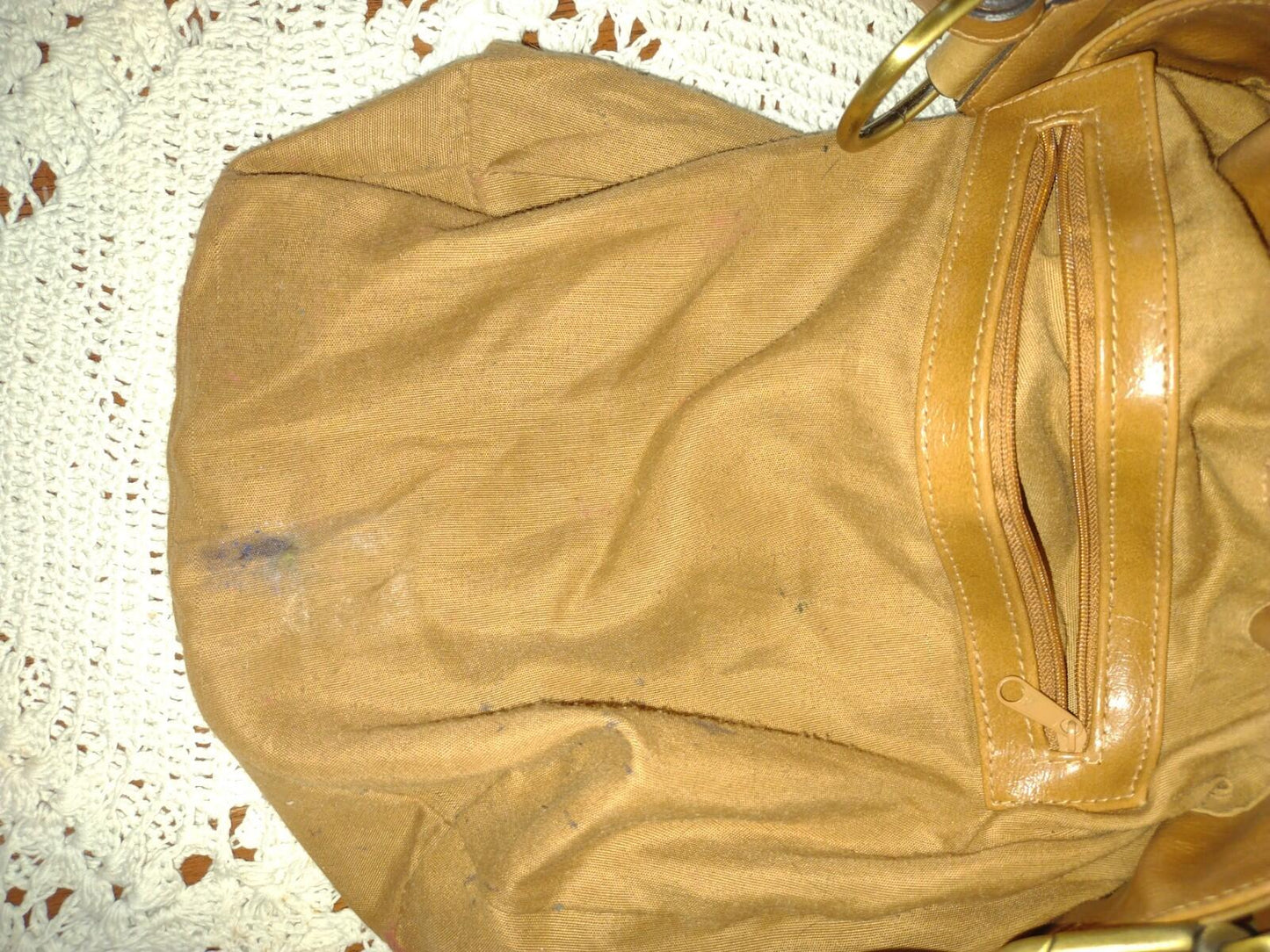 Vintage Tan Leather Drawstring Shoulder Bag Waxed Distressed Finish Stud Accents