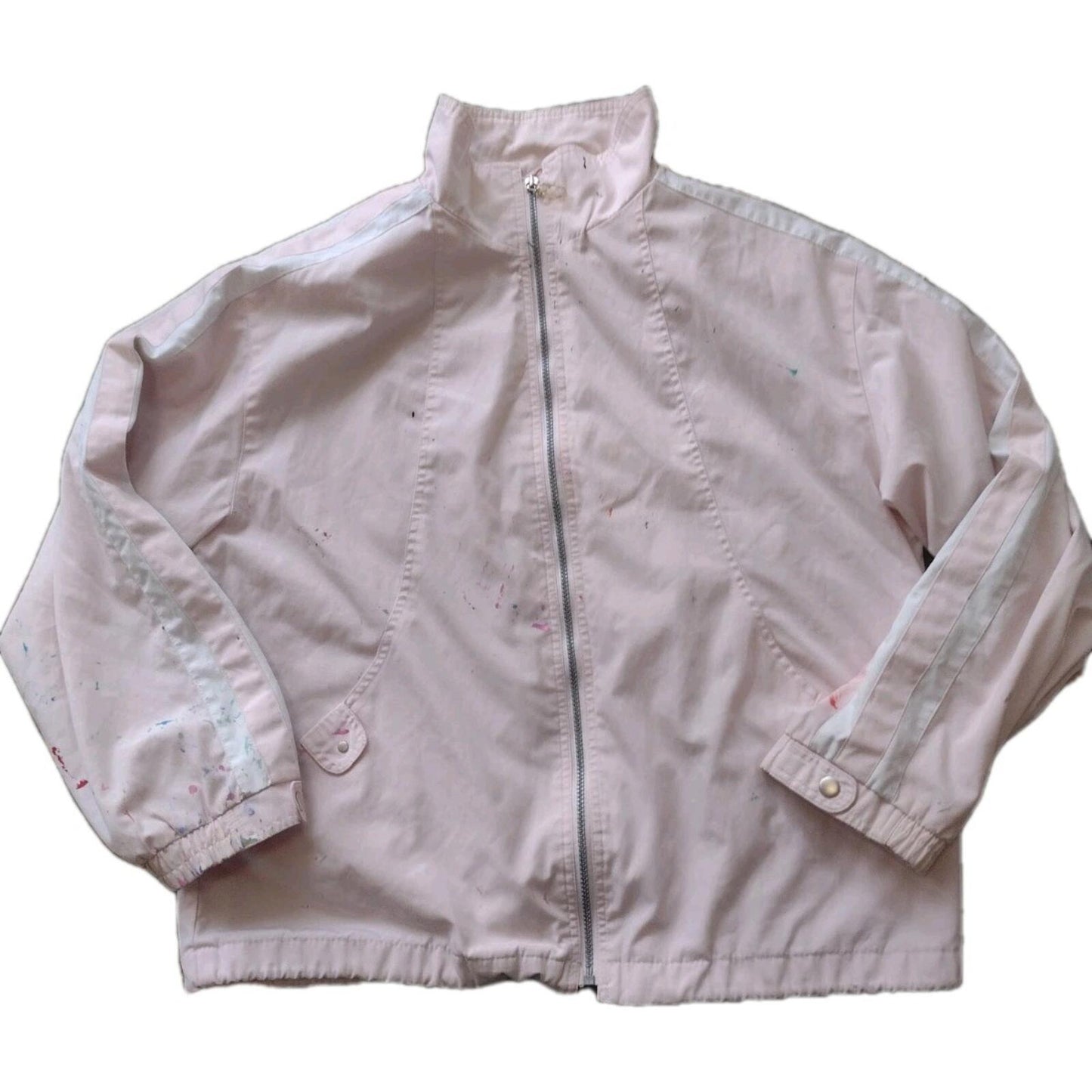 Vintage Pale Pink Distressed Track Jacket W White Stripes Paint Splatters Sz L