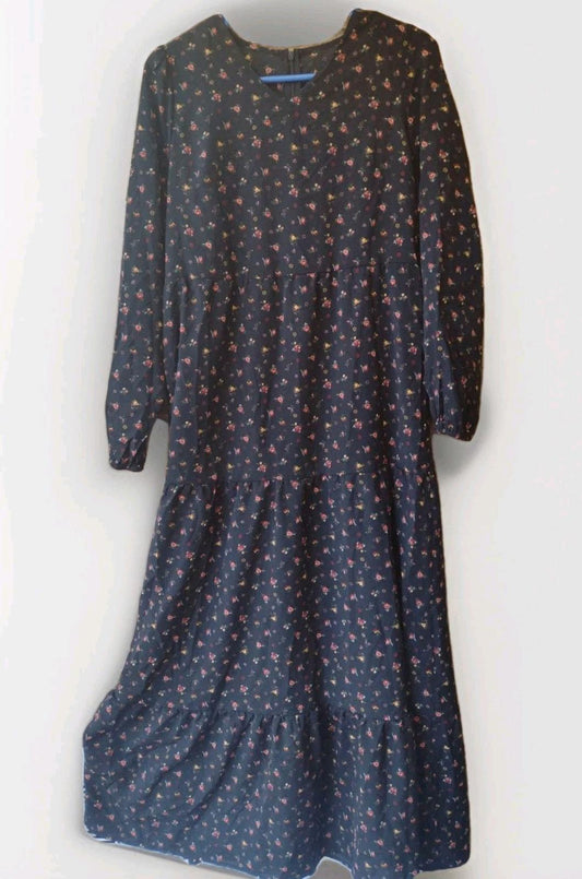 Vintage Black Multicolor Dress Floral Long Sleeve Sz M Cottagecore Maxi Zipper