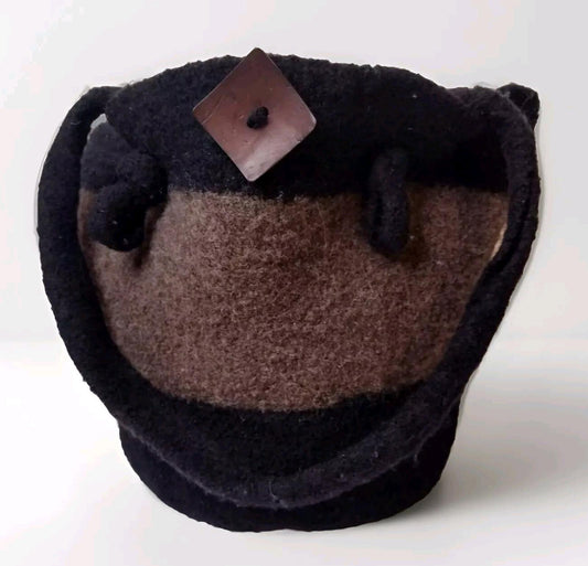 Handmade Wool Tote Bucket Bag Two-tone Brown And Black With Wood Button Accent