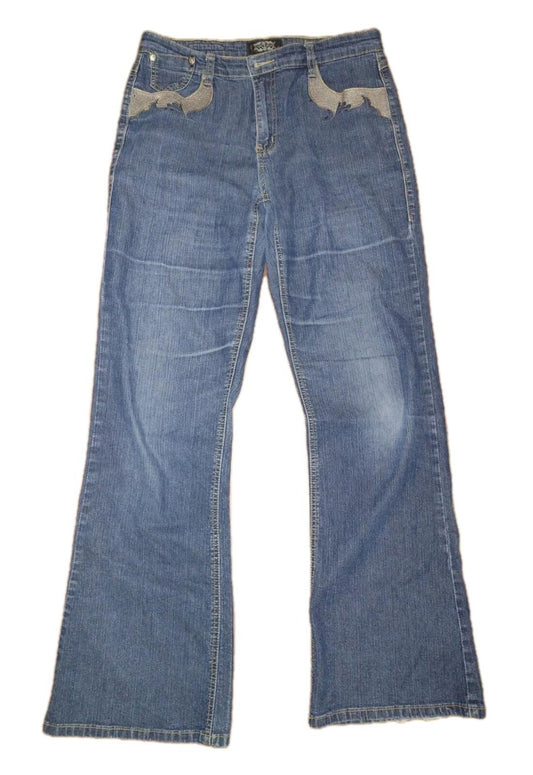 CosJeans Y2K Embroidered Rhinestone Denim Jeans Size 10 Missing Button