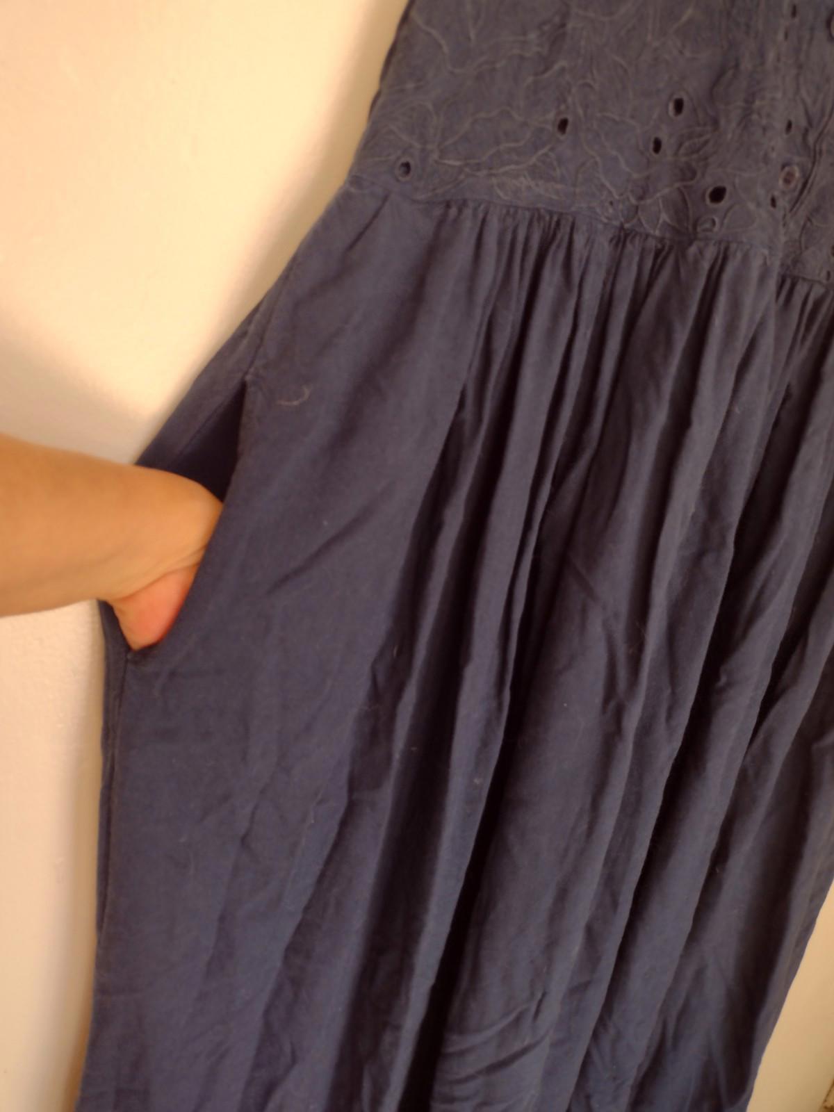 Vintage Fit & Flair Navy Dress Pockets Rayon Navy Blue Embroidered Eyelet Sz 10