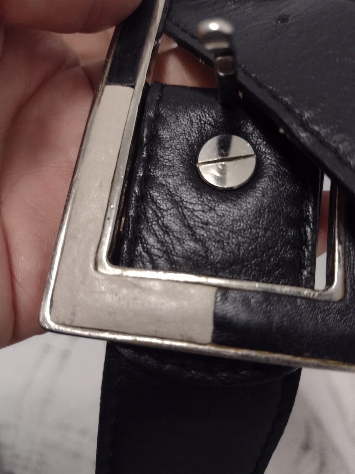 Vintage 70s LAND Leather Belt Black Soft Leather Silver Buckle Logo 32–36 In