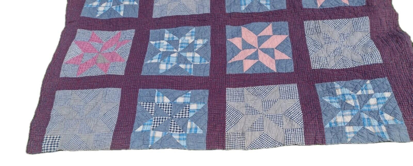 Vintage 40s Hand Quilted Star Quilt Baptist Fan Primitive Americana 68x80